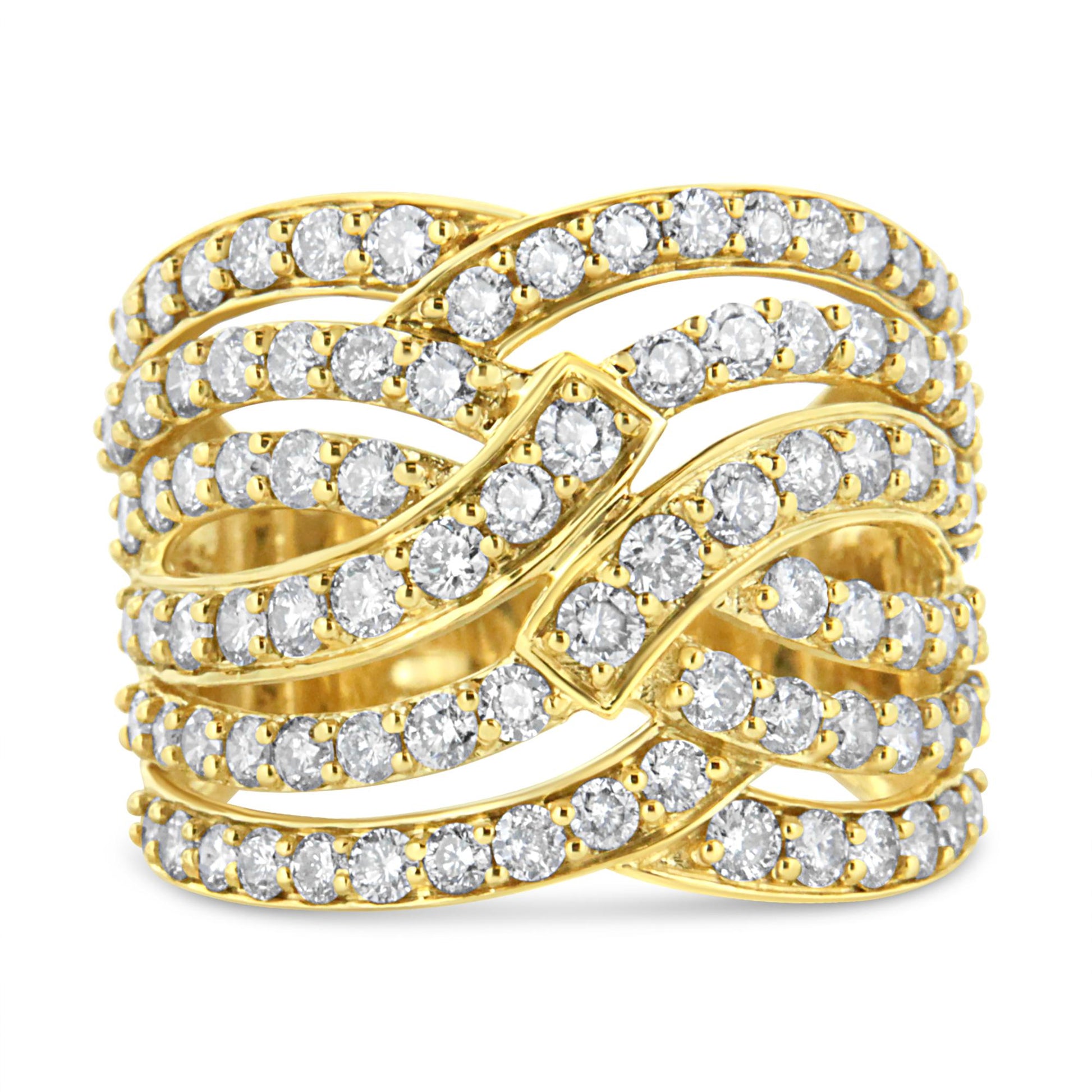 Close-up front view of a yellow metal ring with multiple overlapping bands adorned with round white gemstones in prong settings.