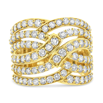 Close-up front view of a yellow metal ring with multiple overlapping bands adorned with round white gemstones in prong settings.