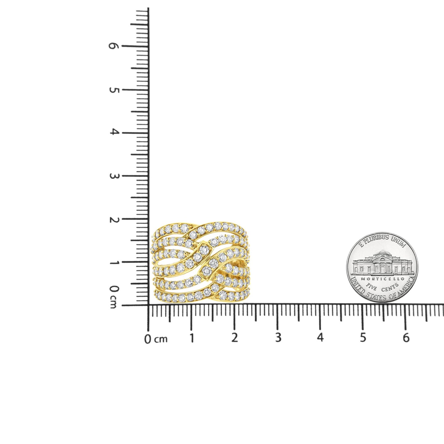 Yellow ring with multiple rows of white round gemstones in prong settings, displayed at a frontal angle on a ruler for size reference.