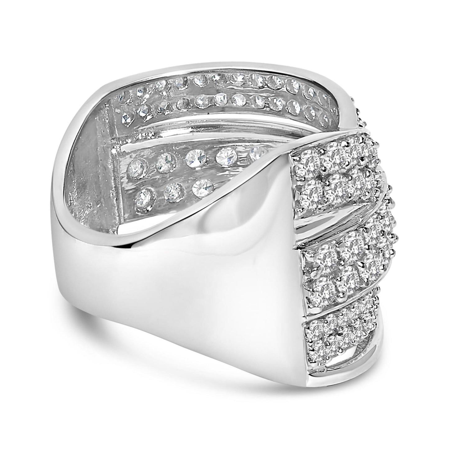 Front view of a white metal ring with multiple rows of round white gemstones in prong settings arranged in a crisscross pattern.