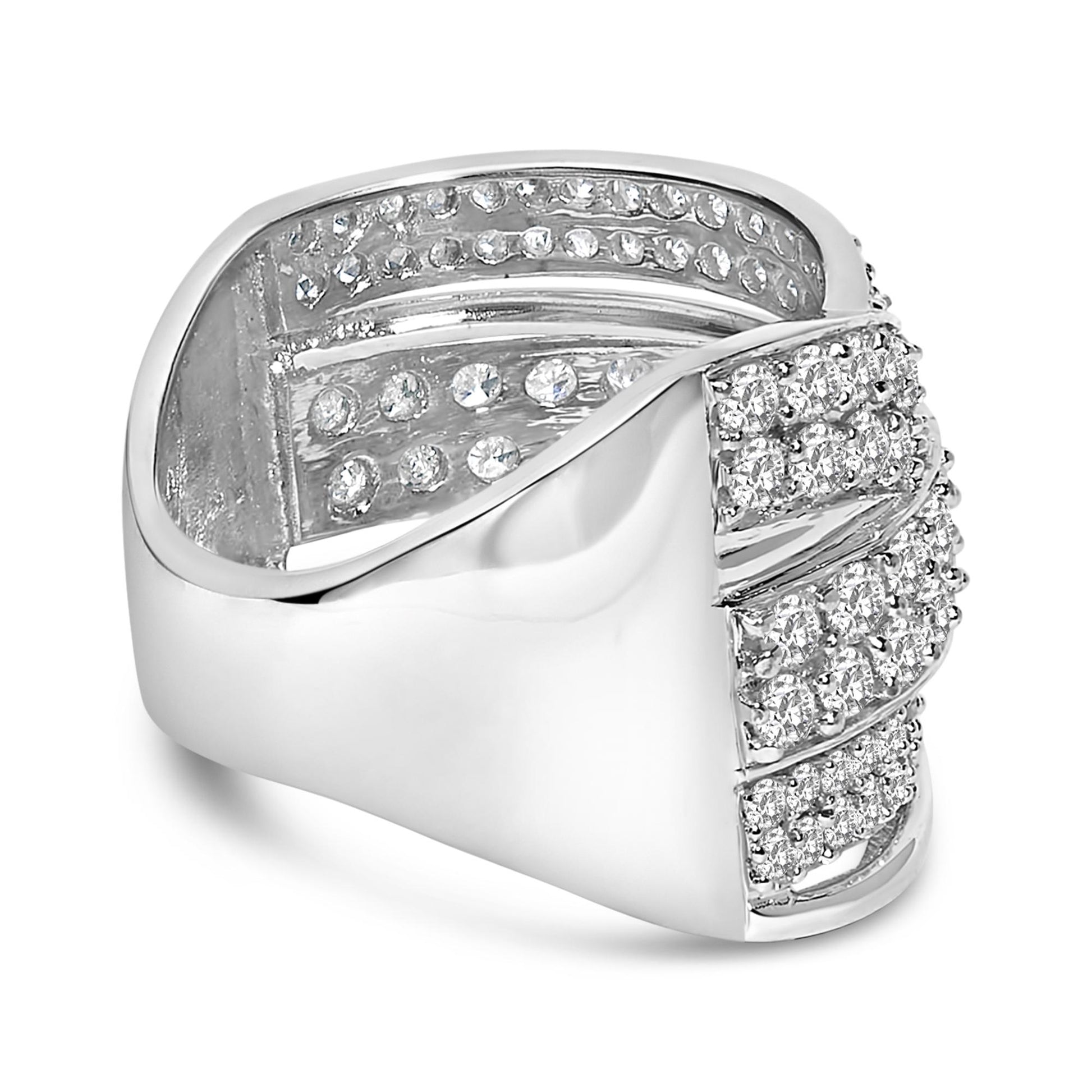 Front view of a white metal ring with multiple rows of round white gemstones in prong settings arranged in a crisscross pattern.