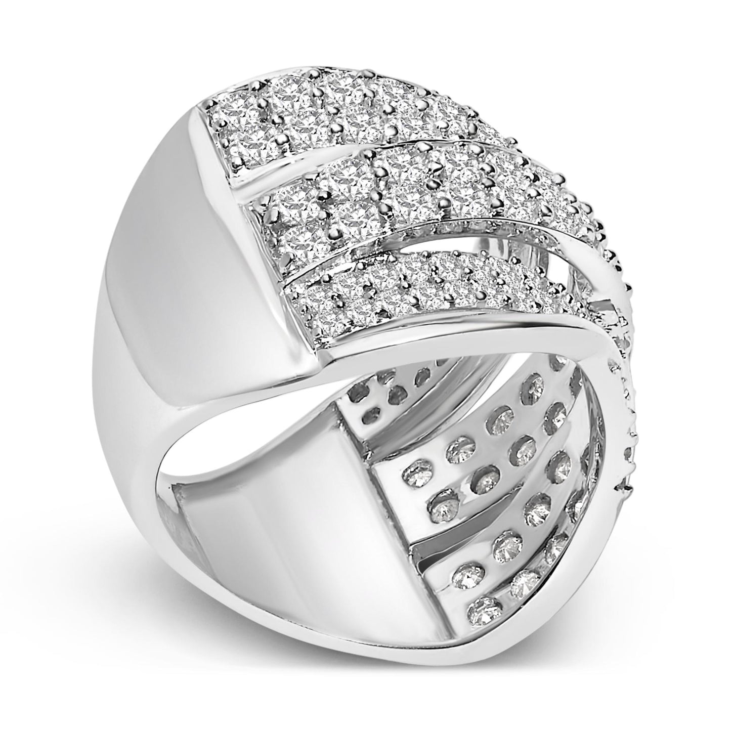 White metal ring with multiple rows of round white gemstones in prong settings, shown at a slight angle.