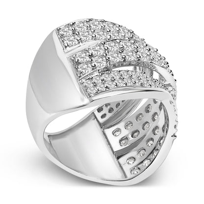 White metal ring with multiple rows of round white gemstones in prong settings, shown at a slight angle.
