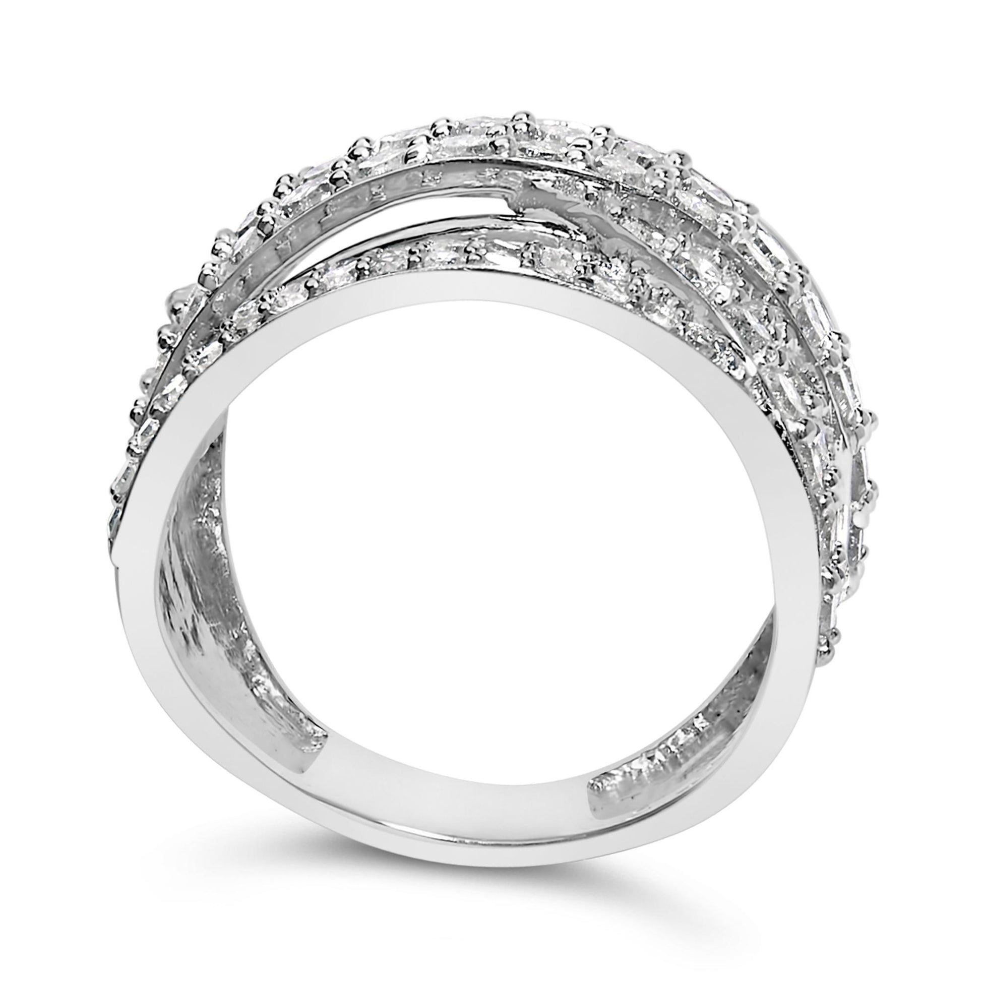 Close-up front angle view of a white metal ring with multiple rows of round white gemstones in prong settings.