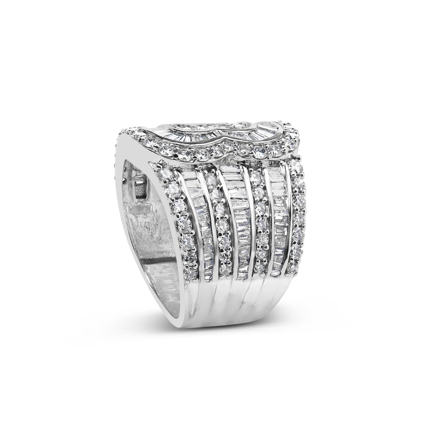 White metal ring with alternating rows of round prong-set white gemstones and baguette channel-set white gemstones, shown in a front angled view.