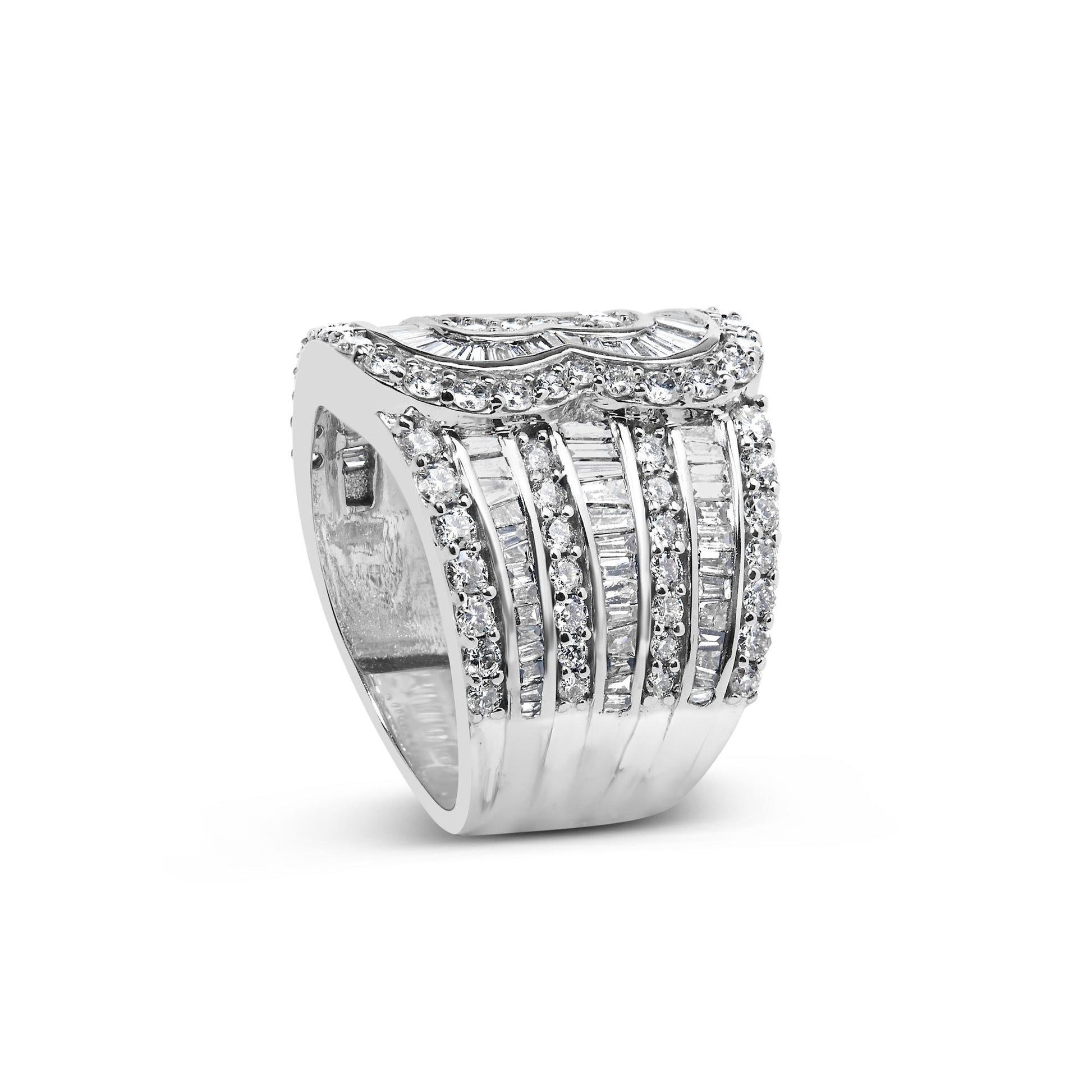 White metal ring with alternating rows of round prong-set white gemstones and baguette channel-set white gemstones, shown in a front angled view.