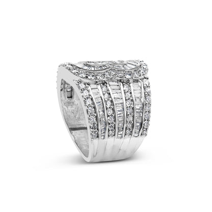 White metal ring with alternating rows of round prong-set white gemstones and baguette channel-set white gemstones, shown in a front angled view.