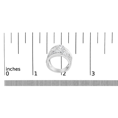 White metal ring with alternating rows of round prong-set white gemstones and baguette channel-set white gemstones, photographed from above on a ruler for size reference.