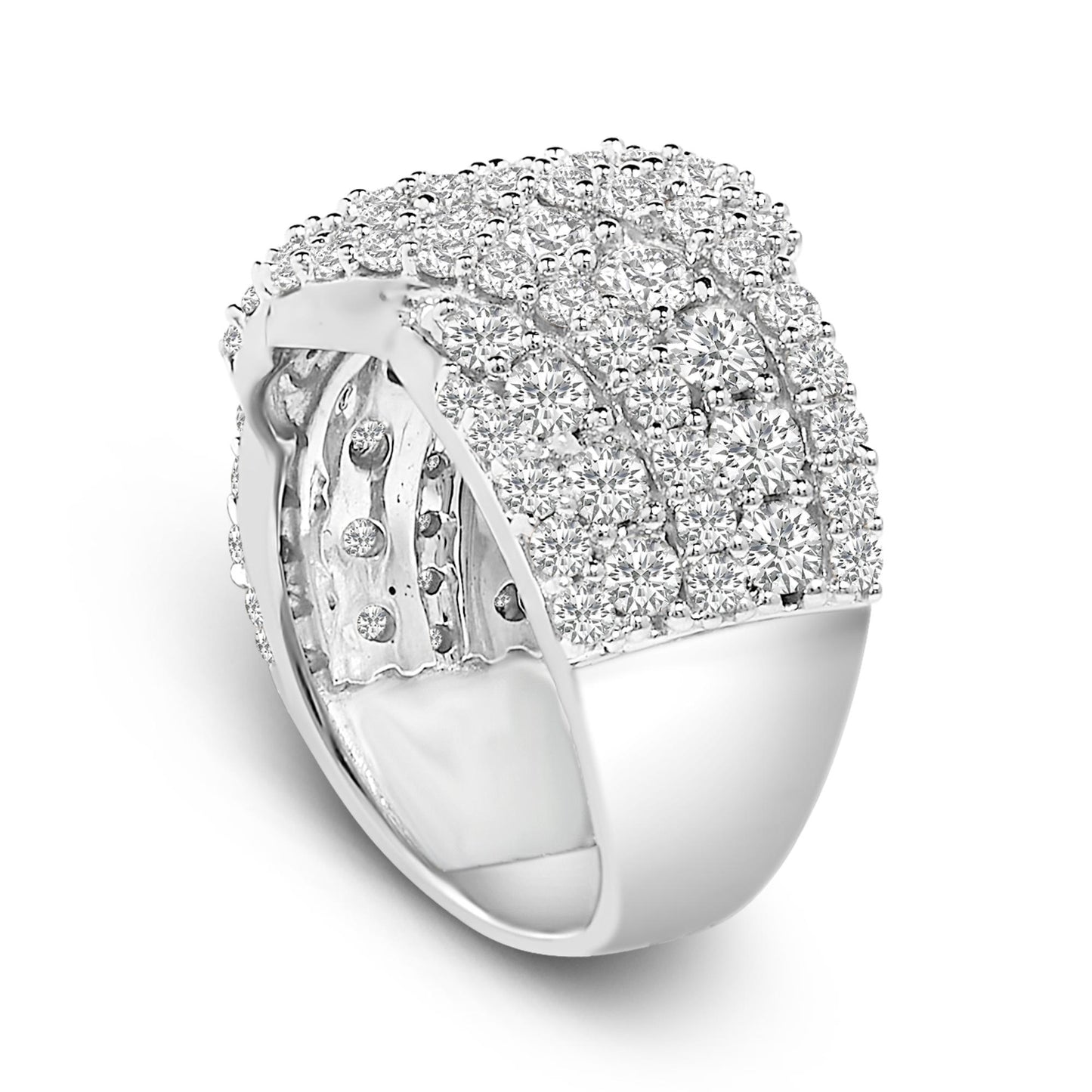 White metal ring covered with multiple round white gemstones in prong settings, shown in a close-up angled view.