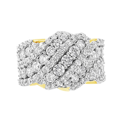Close-up front view of a wide yellow ring intricately designed with numerous prong-set round white gemstones arranged in overlapping diagonal rows.