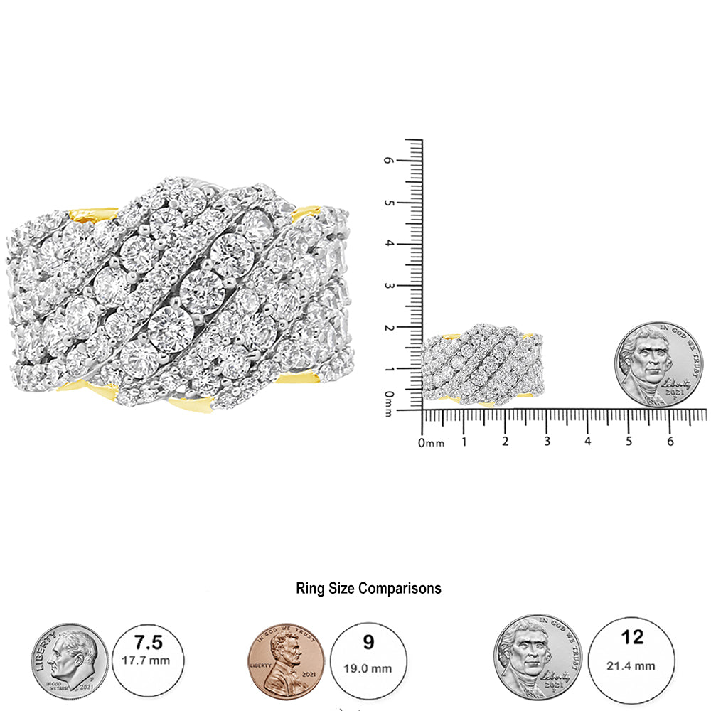 Yellow ring with multiple rows of round white gemstones in prong settings, shown in close-up and on a ruler with coins for size reference.