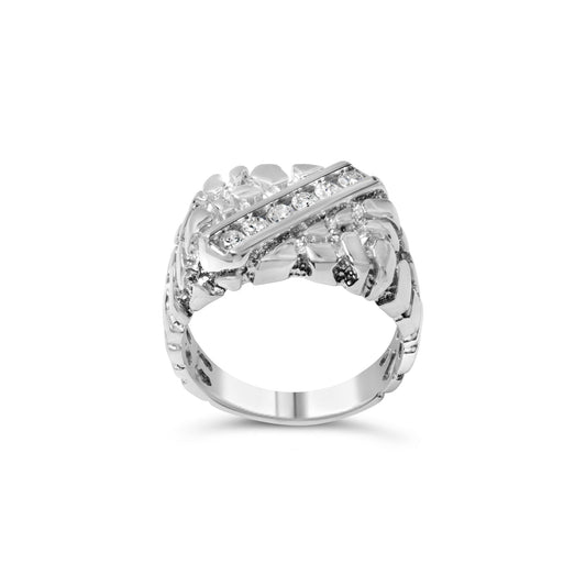 White metal ring with a braided design band and a horizontal channel-set row of round white gemstones, shown from a front angle.