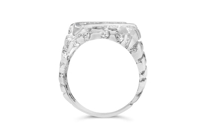 Close-up side view of a white ring featuring a channel setting with round white gemstones.