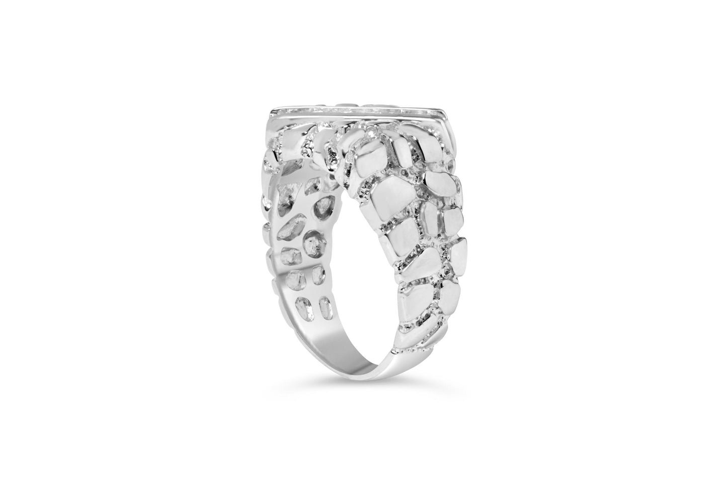 White metal ring with an abstract textured design and white round gemstones in a channel setting, shown at a slight side angle on a white background.