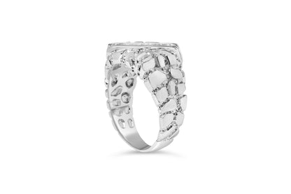 White metal ring with an abstract textured design and white round gemstones in a channel setting, shown at a slight side angle on a white background.