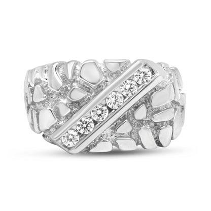 Close-up front view of a white metal ring featuring a diagonal channel set row of round white gemstones, with a textured abstract pattern on the band.