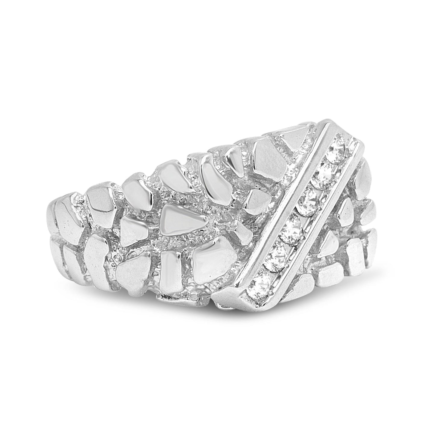 Close-up angled view of a white metal ring with an irregular textured pattern and a diagonal channel set row of round white gemstones.