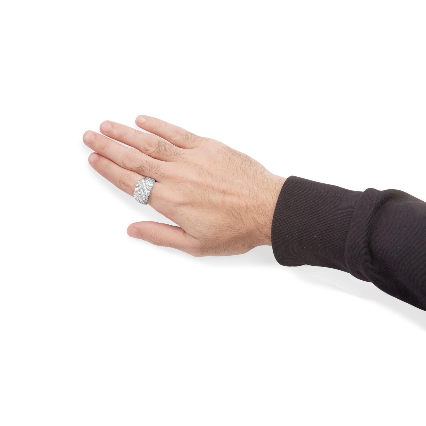 White metal ring with round white gemstones in channel setting, shown worn on a model's hand, side angle.