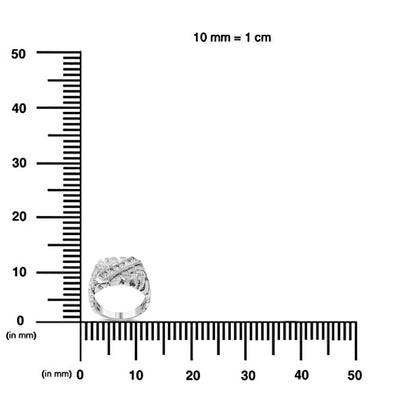 White metal ring with a decorative design featuring two parallel rows of channel-set round white gemstones, shown on a measuring scale from a front angle.