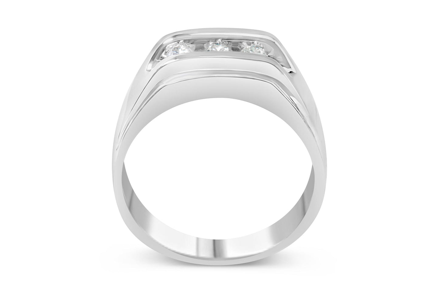 Front-facing view of a white metal ring featuring a channel set row of round white gemstones across the top.