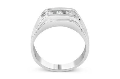 Front-facing view of a white metal ring featuring a channel set row of round white gemstones across the top.