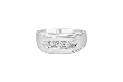 Front angled shot of a white ring featuring three round white gemstones in a channel setting.
