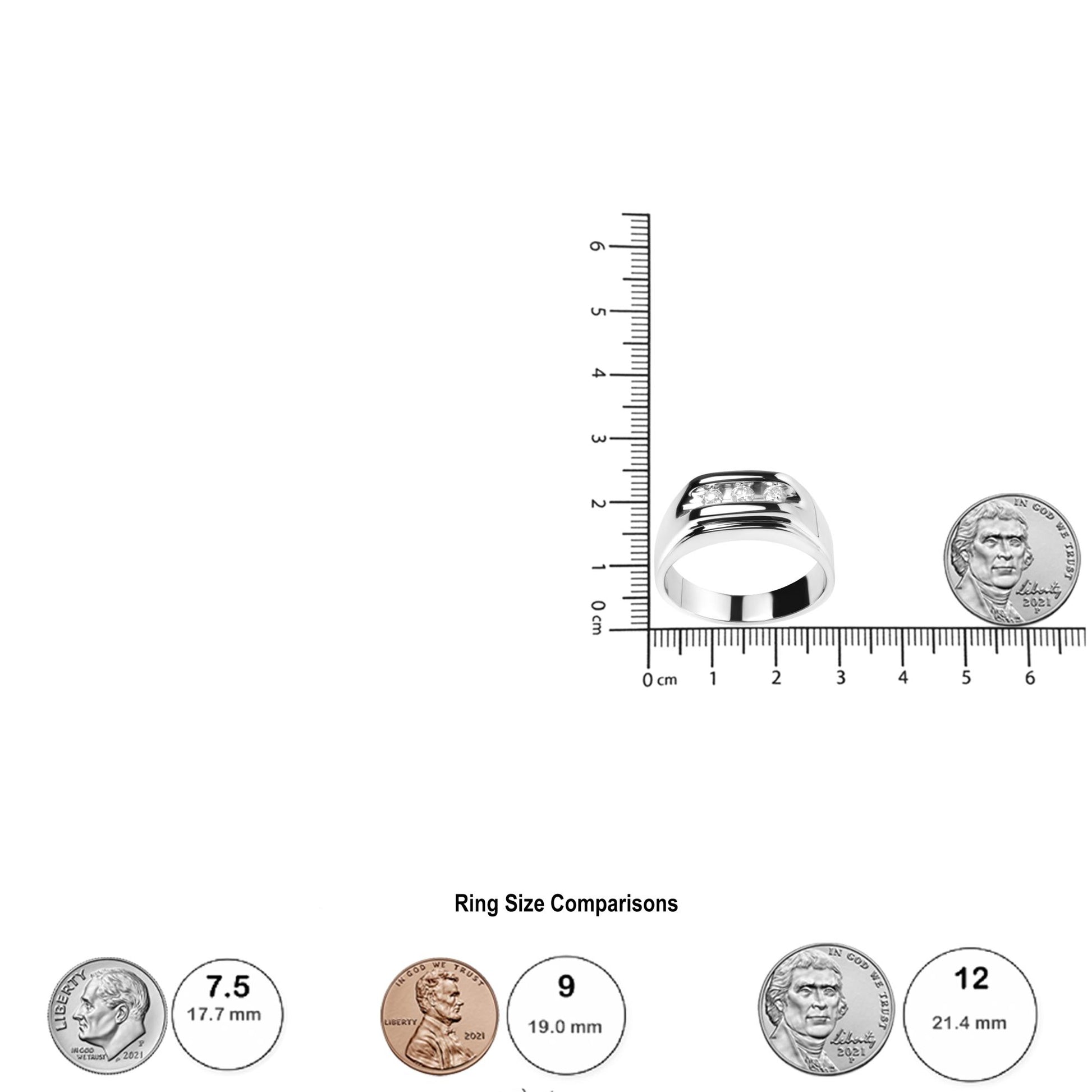 White ring with three round white gemstones in channel setting, shown from front on angle on a ruler and next to coins for size reference.