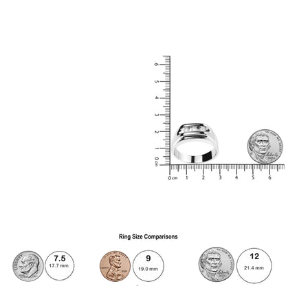 White ring with three round white gemstones in channel setting, shown from front on angle on a ruler and next to coins for size reference.