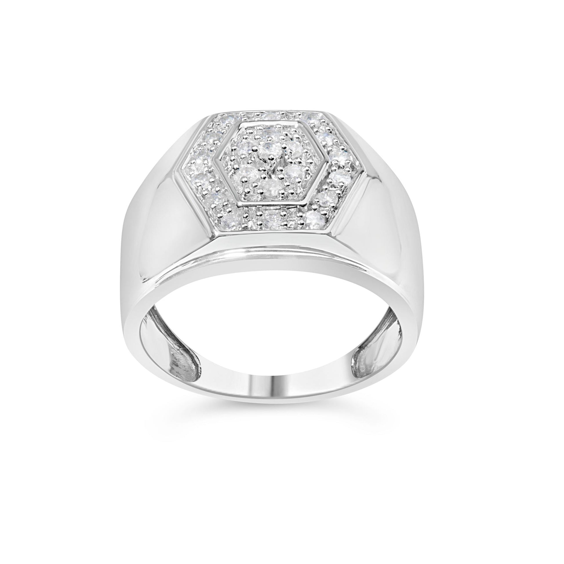 Front angle view of a white metal ring with a hexagonal cluster of round white gemstones in prong settings on top.