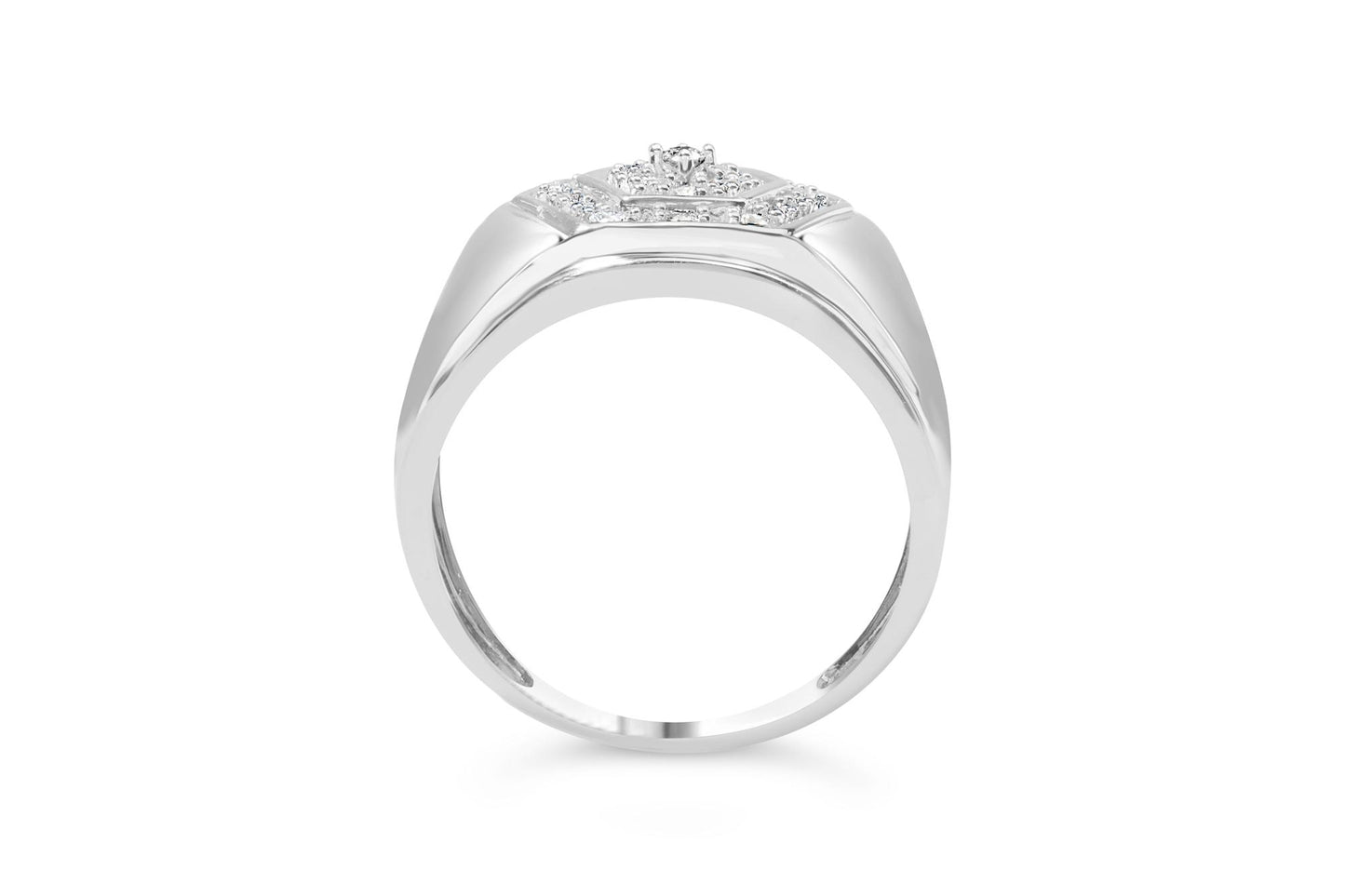 Front angle view of a white metal ring featuring one large round white gemstone in prong setting, surrounded by multiple smaller round white gemstones in prong settings.