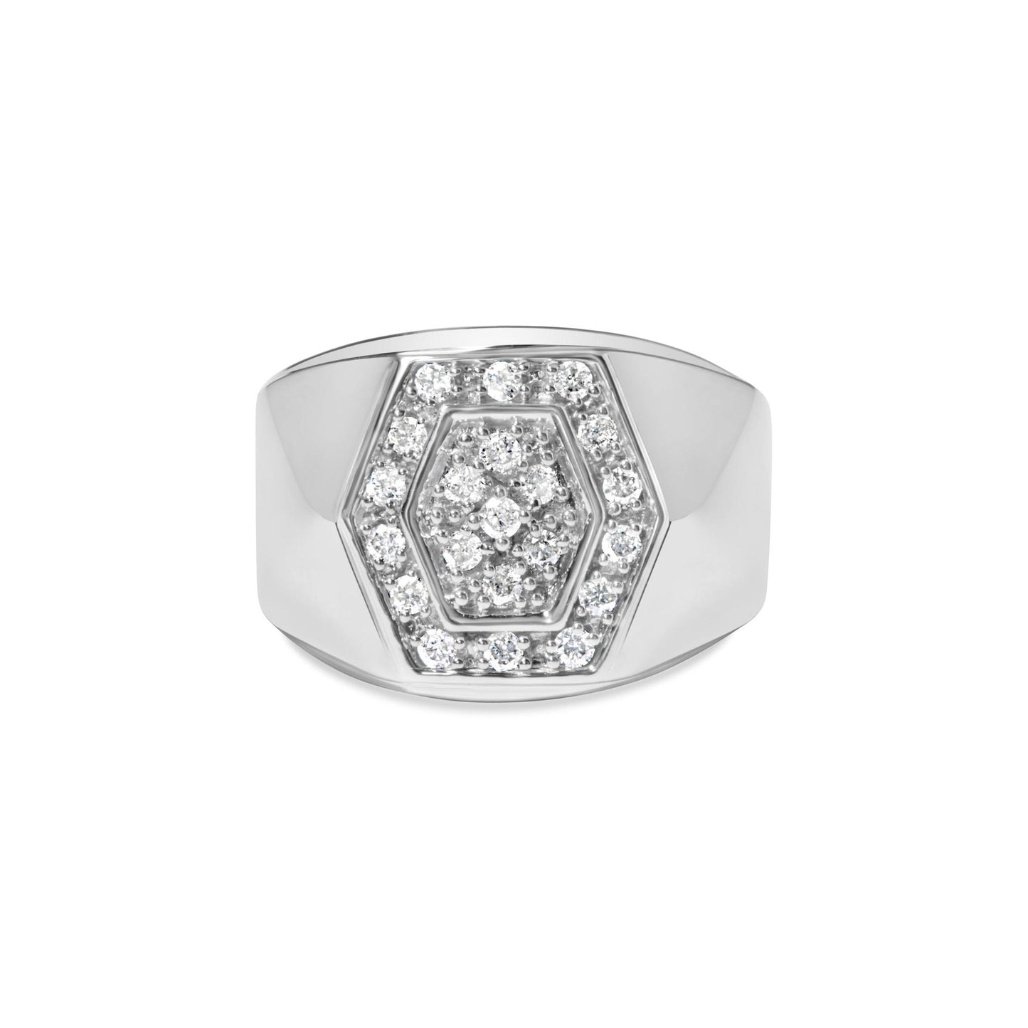 Front view of a white metal ring with a hexagonal pattern featuring one central round white gemstone surrounded by multiple smaller round white gemstones in prong settings.