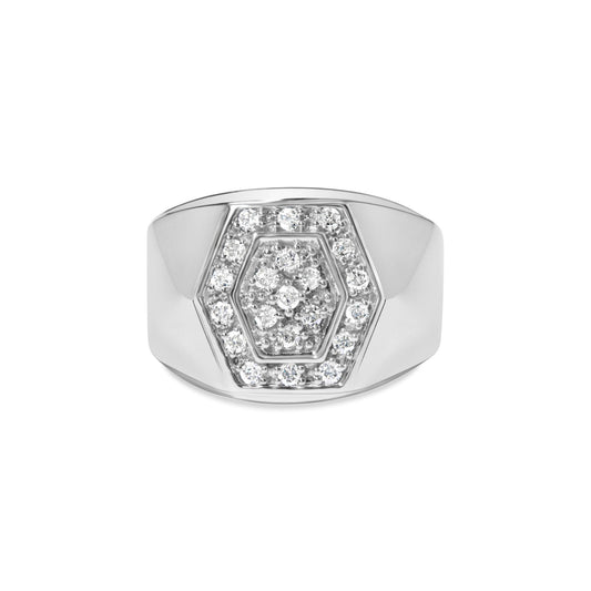 Front view of a white metal ring with a hexagonal pattern featuring one central round white gemstone surrounded by multiple smaller round white gemstones in prong settings.