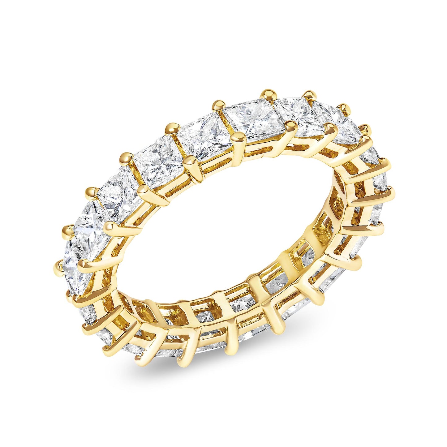 Close-up angled shot of a yellow metal ring featuring a continuous row of prong-set white princess-shaped gemstones around the band.
