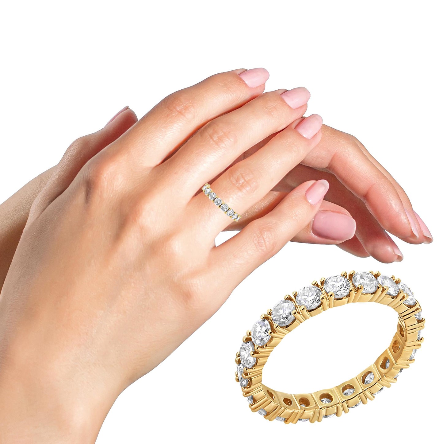 Yellow metal ring with round white gemstones in prong settings shown on a model's hand from a side angle, with a separate close-up of the ring from a slight top angle.