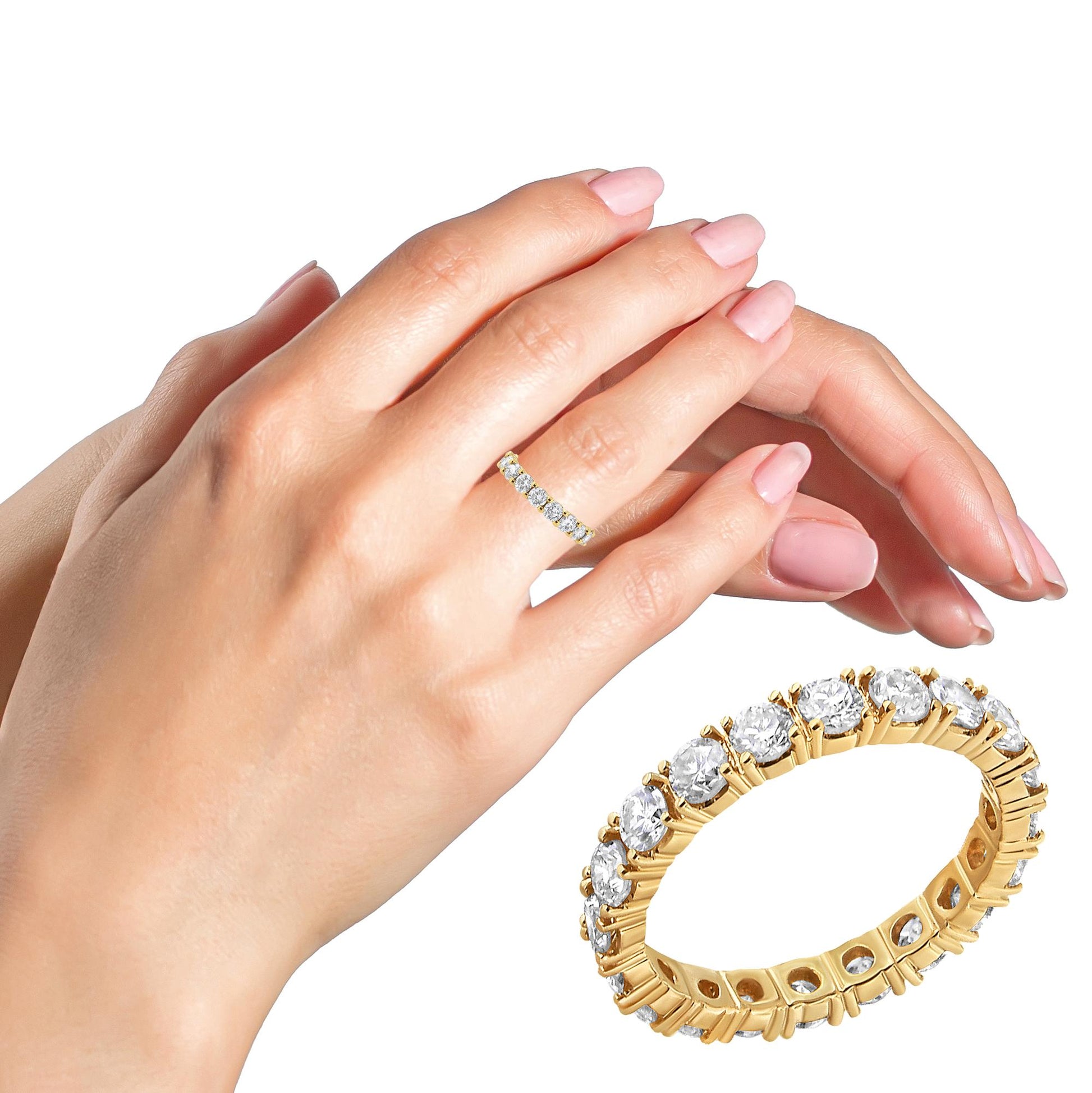 Yellow metal ring with round white gemstones in prong settings shown on a model's hand from a side angle, with a separate close-up of the ring from a slight top angle.