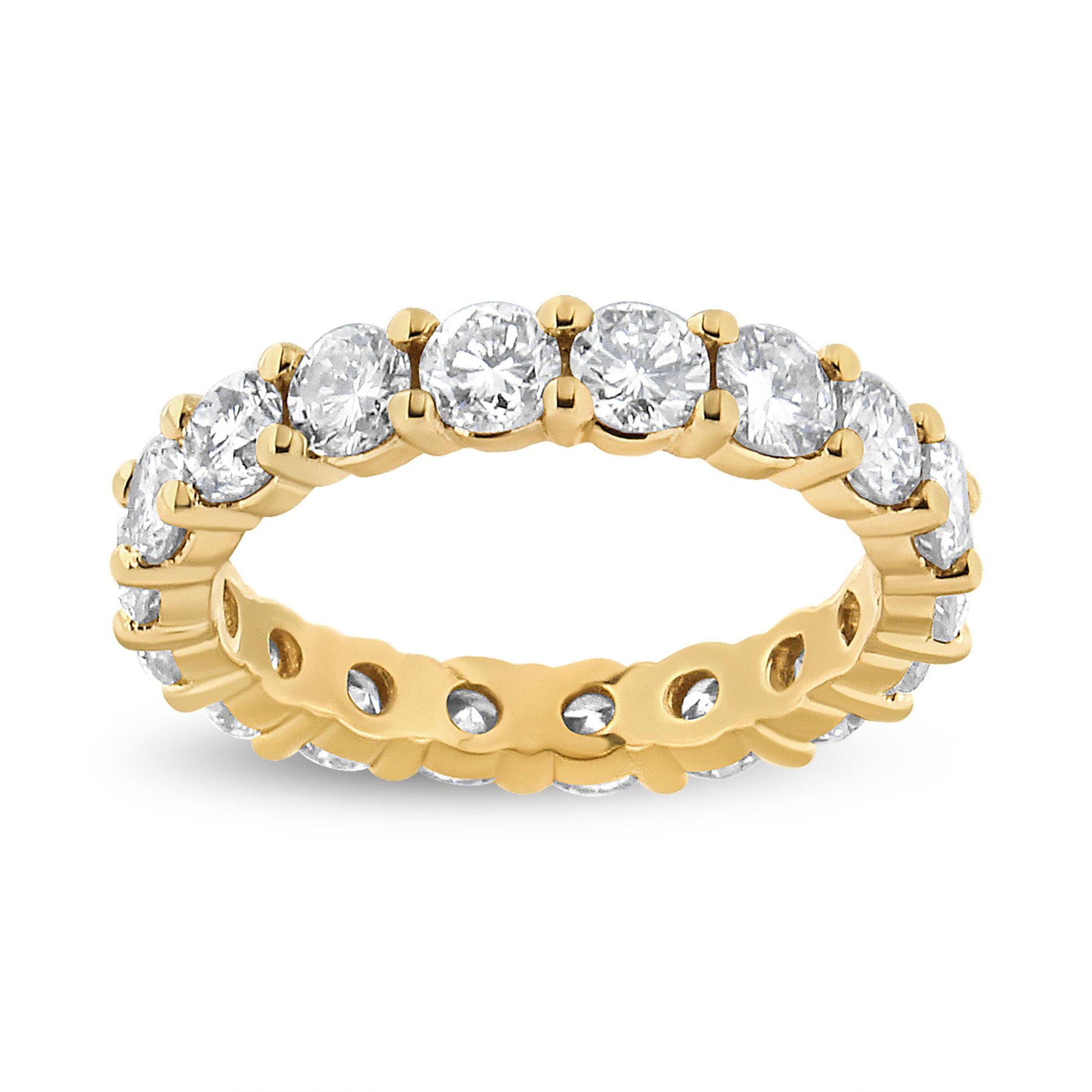 Close-up front angle of a yellow metal eternity ring set with round prong-set white gemstones all around.
