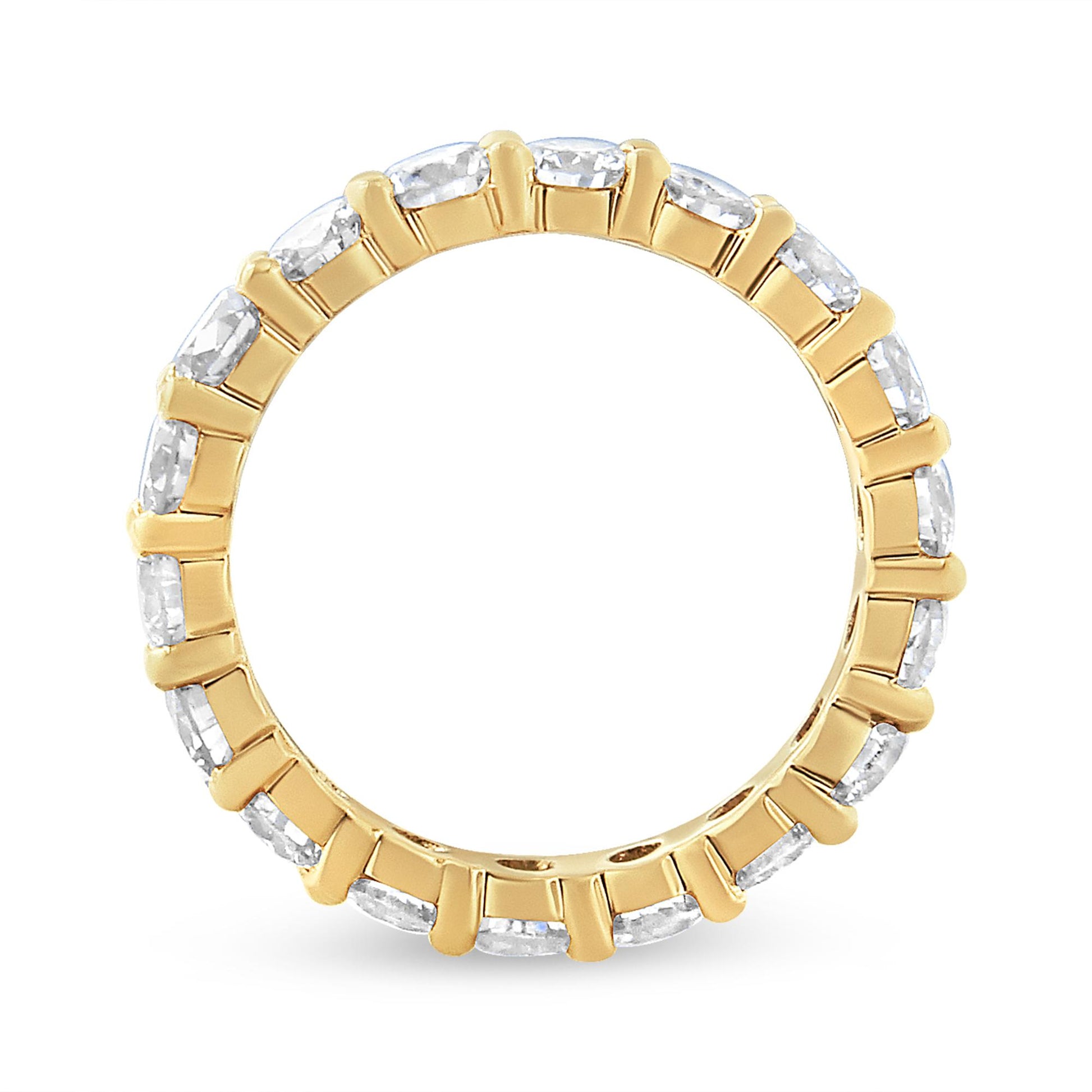 Top-down view of a yellow ring featuring round white gemstones in prong settings encircling the band.