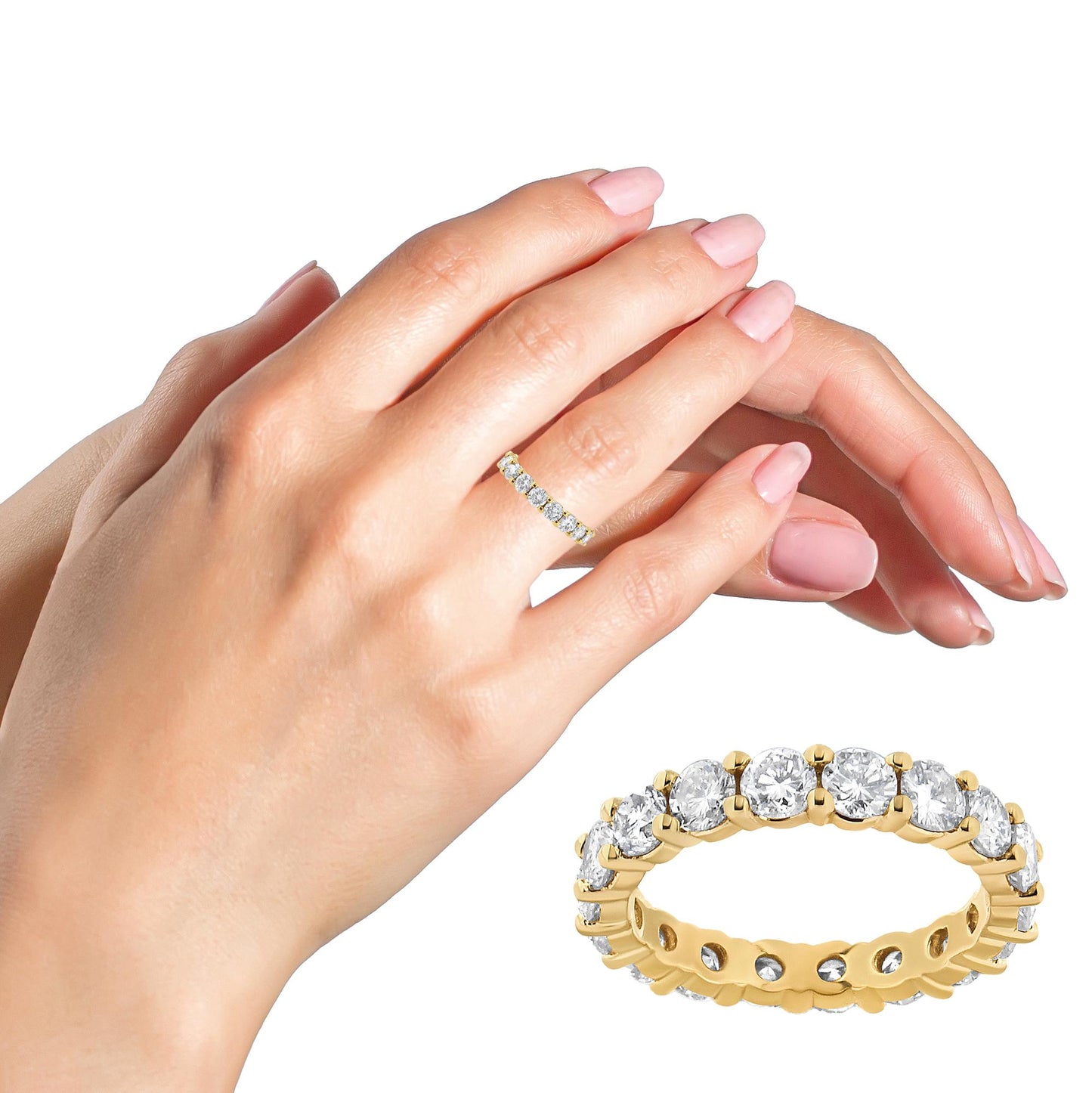 Yellow metal ring with round white gemstones in prong setting, shown on a model’s hand and also a close-up angled side view of the ring.