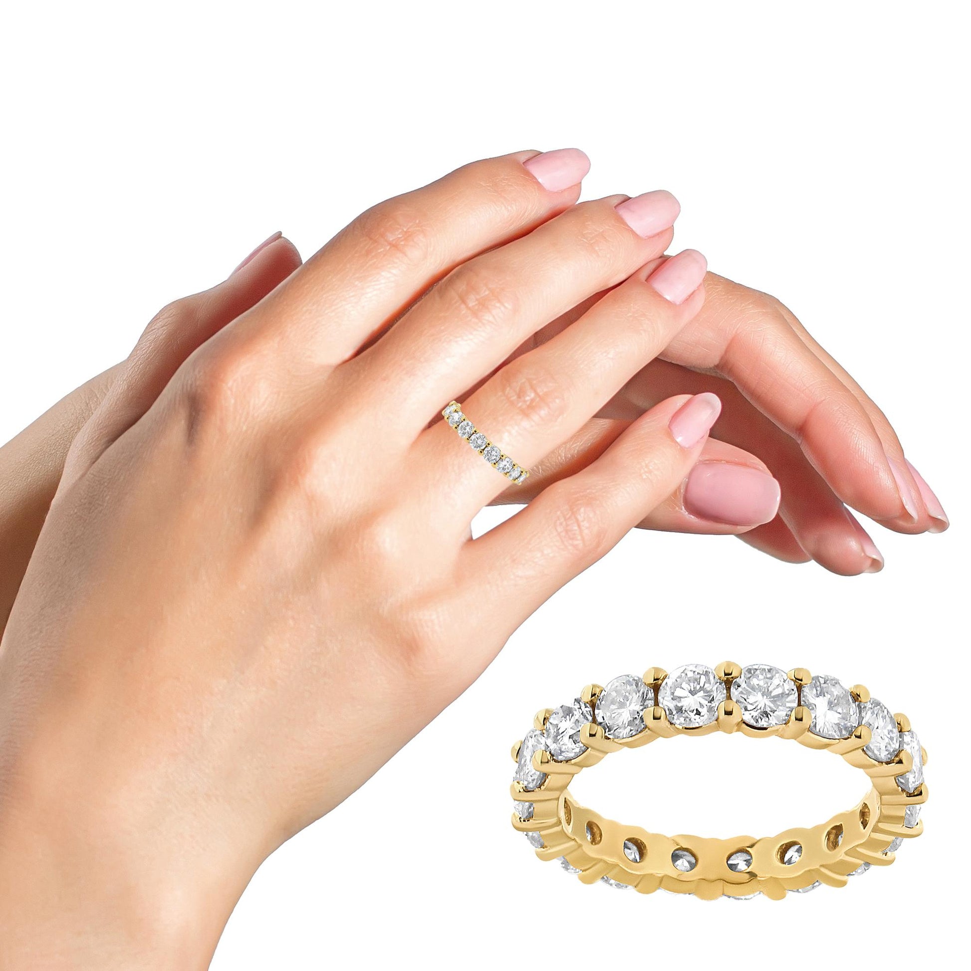 Yellow metal ring with round white gemstones in prong setting, shown on a model’s hand and also a close-up angled side view of the ring.