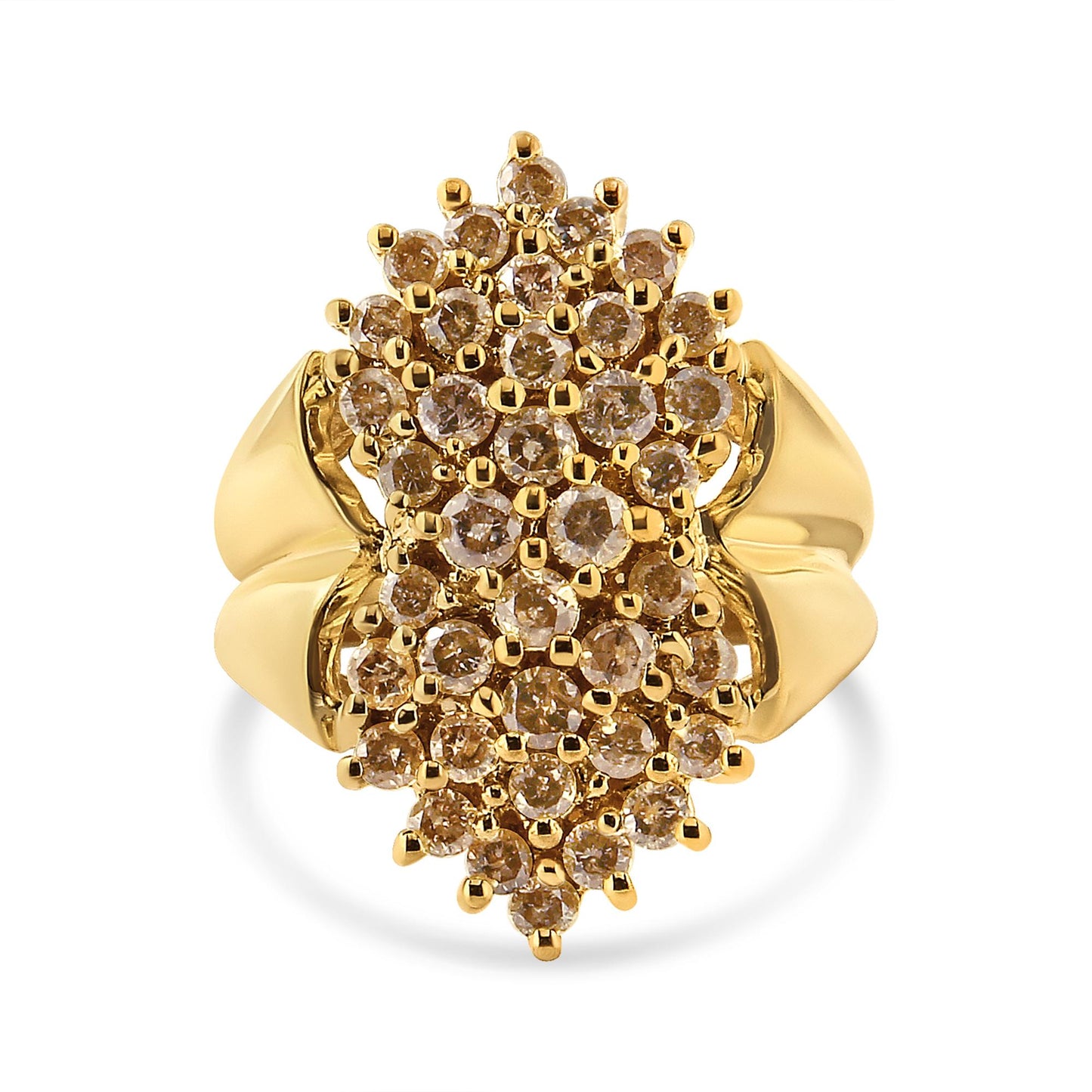 Top-down close-up view of a yellow metal ring featuring clustered round champagne-colored gemstones in prong settings.
