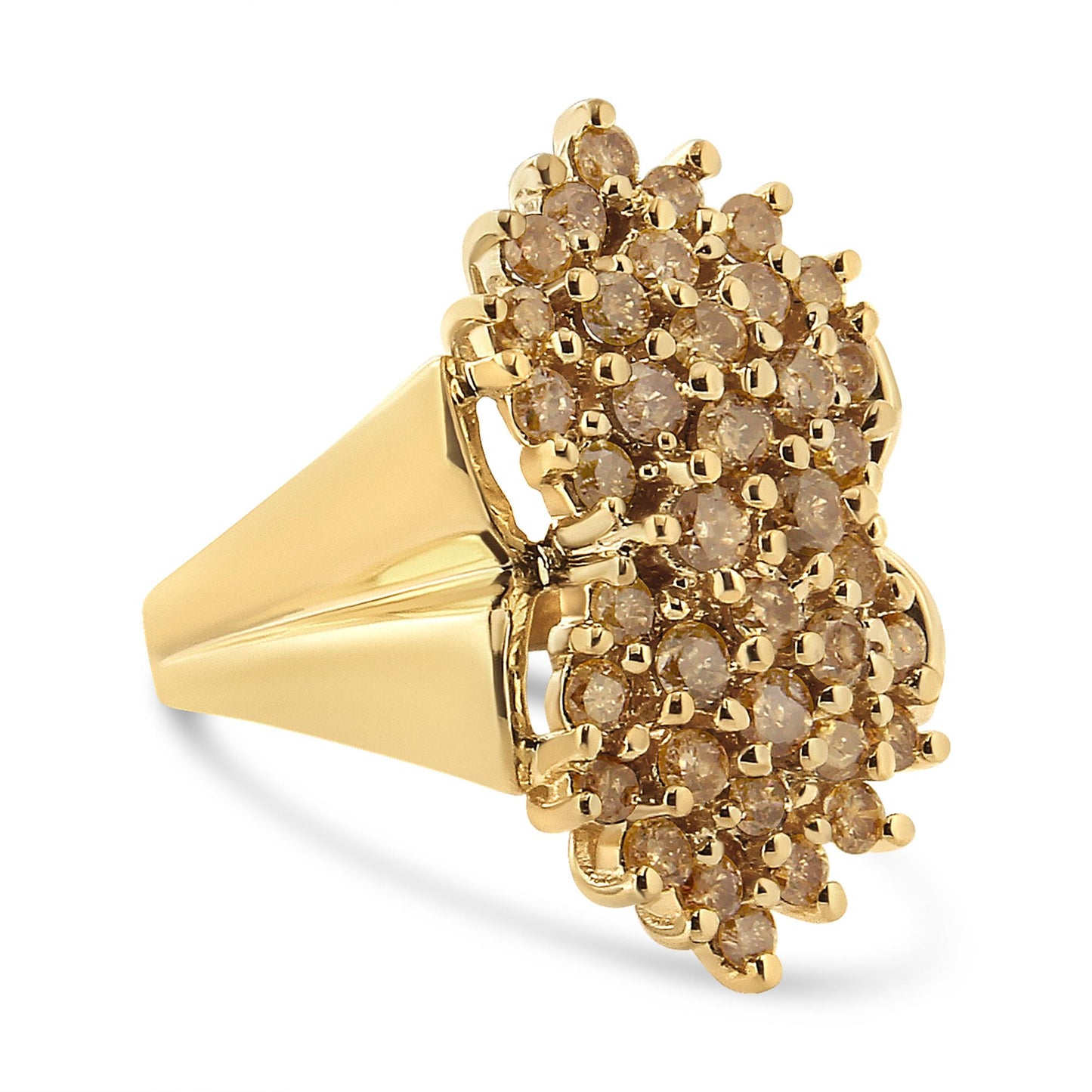 Yellow metal ring with clusters of round champagne-colored gemstones in prong settings, shown at a slight angle.