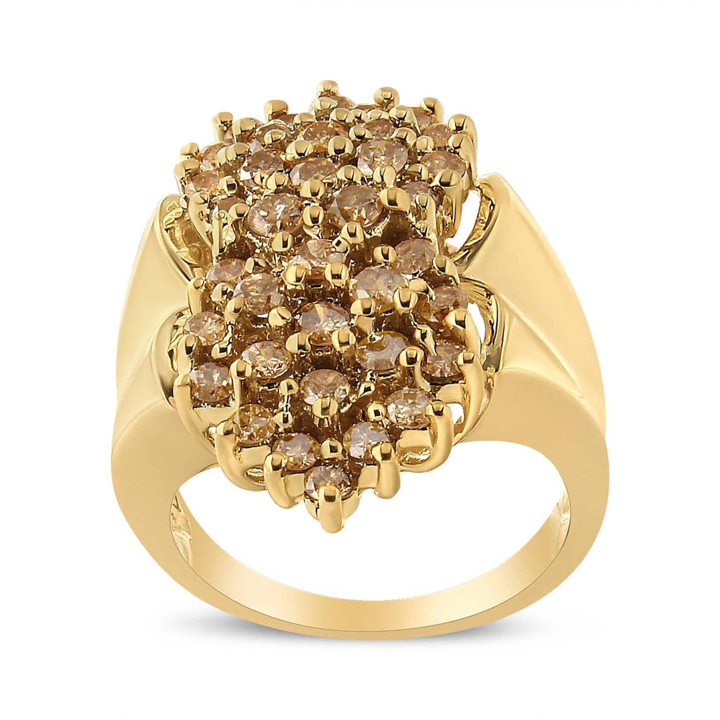 Front view of a yellow metal ring featuring multiple round champagne-colored gemstones in prong settings clustered on top.