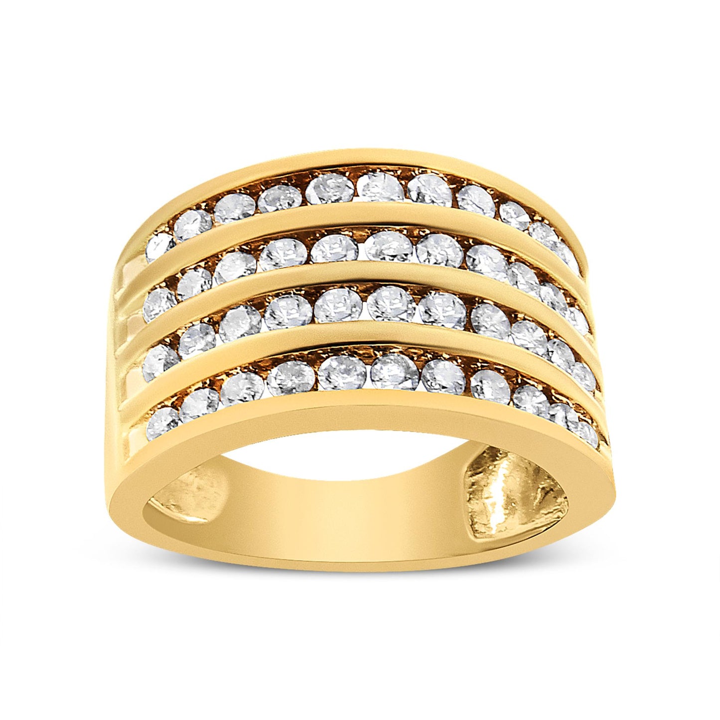 Front view of a yellow metal wide band ring featuring three parallel rows of round champagne-colored gemstones in channel settings.