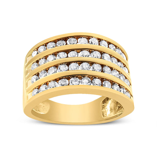Front view of a yellow metal wide band ring featuring three parallel rows of round champagne-colored gemstones in channel settings.