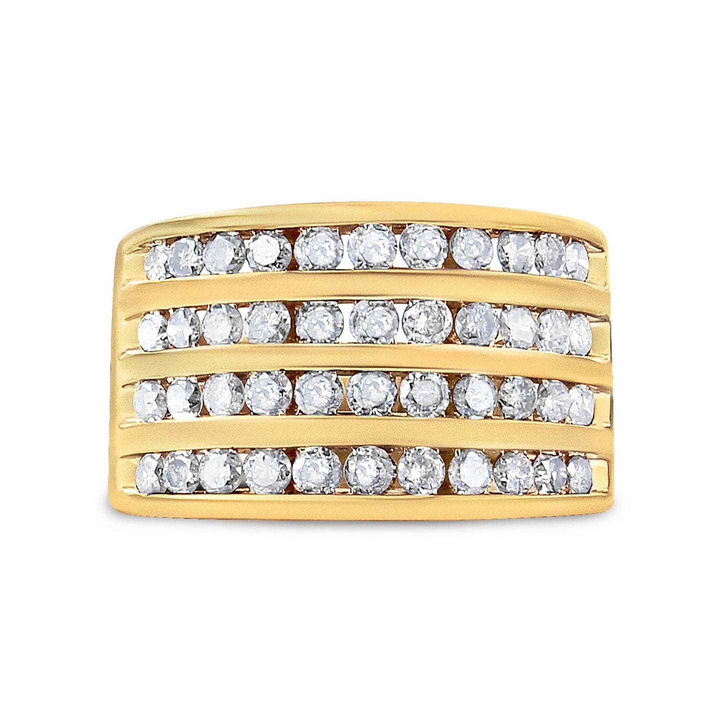 Front-facing view of a yellow metal ring with multiple horizontal rows of round champagne-colored gemstones set in channel settings.