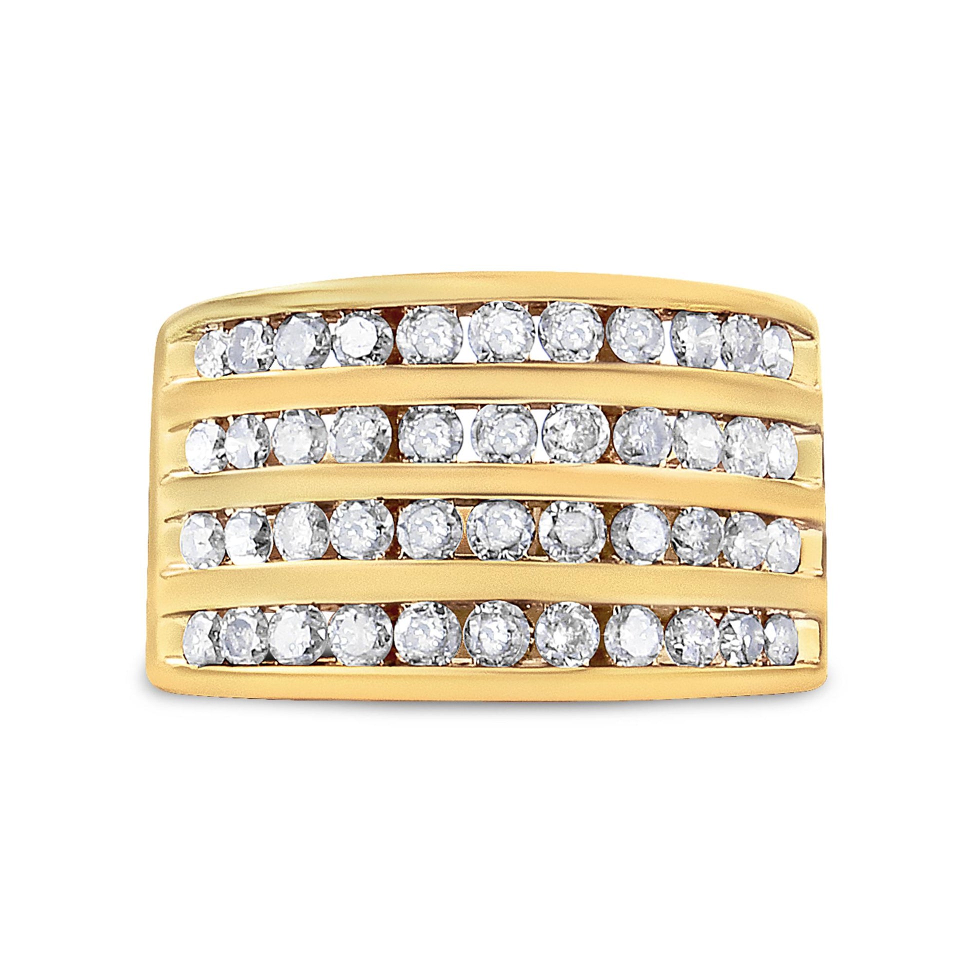 Front-facing view of a yellow metal ring with multiple horizontal rows of round champagne-colored gemstones set in channel settings.