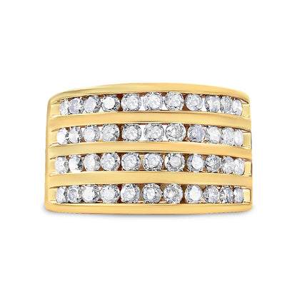 Front-facing view of a yellow metal ring with multiple horizontal rows of round champagne-colored gemstones set in channel settings.