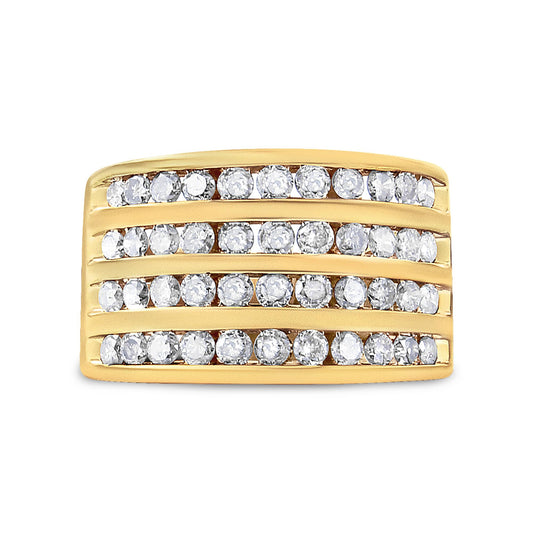 Front-facing view of a yellow metal ring with multiple horizontal rows of round champagne-colored gemstones set in channel settings.