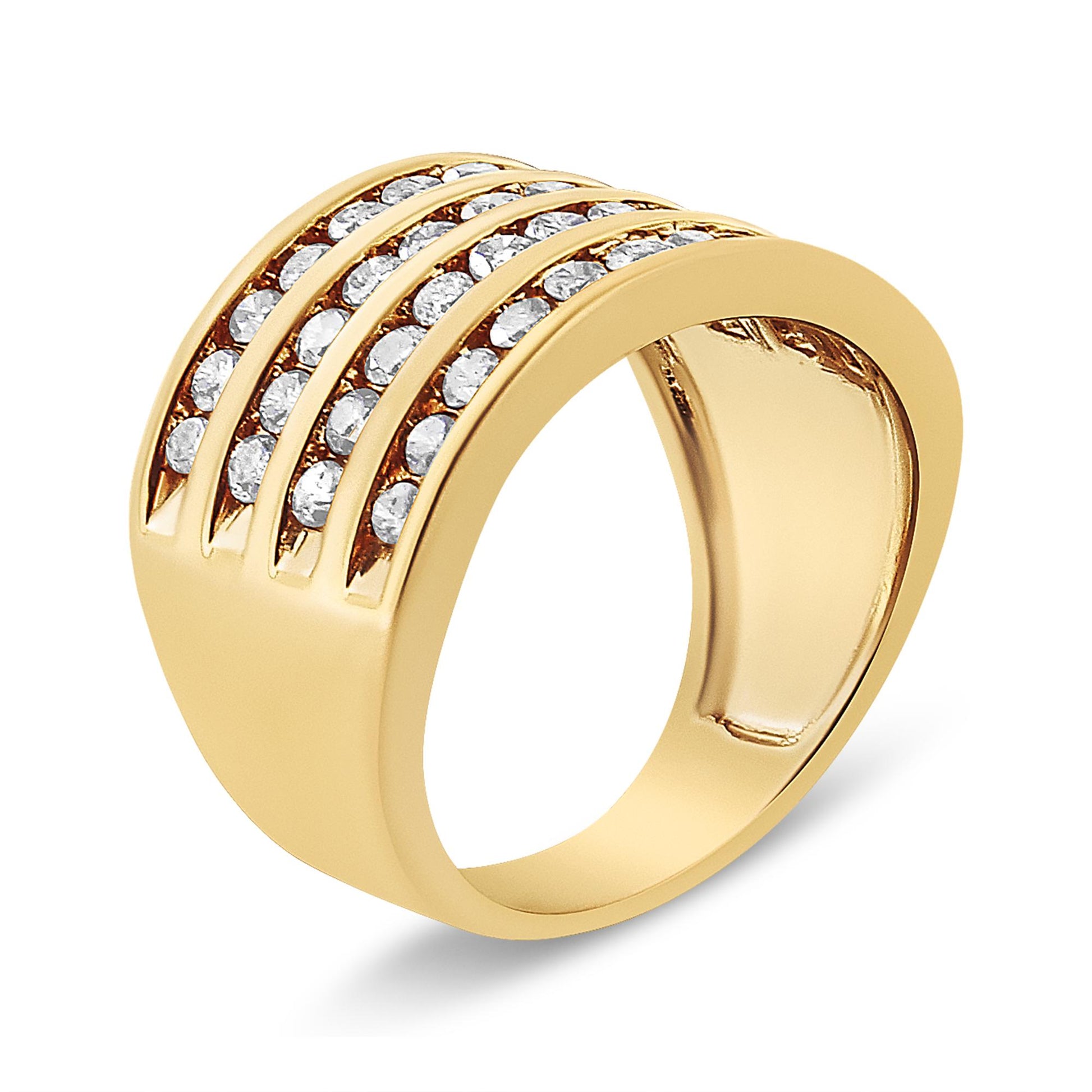 Yellow metal ring viewed from an angled side showing four rows of round champagne-colored gemstones set in channels.