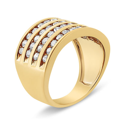 Yellow metal ring viewed from an angled side showing four rows of round champagne-colored gemstones set in channels.
